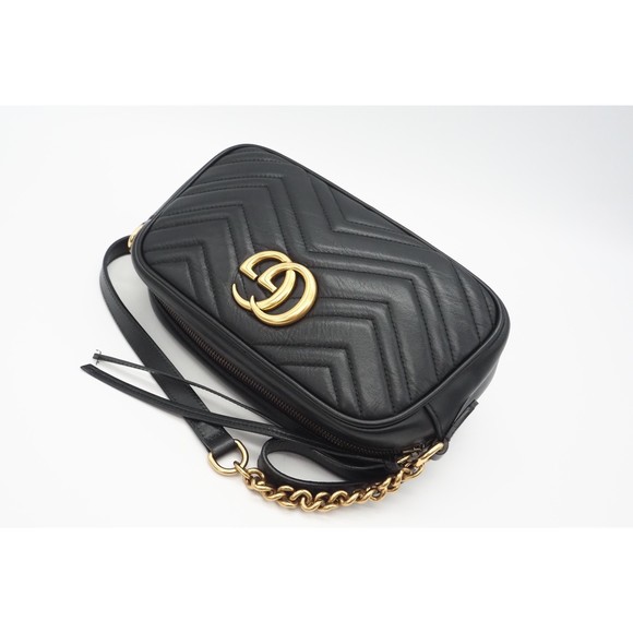 Gucci Bag Small Shoulder Leather Black Quilted Marmont GG - Picture 1 of 11